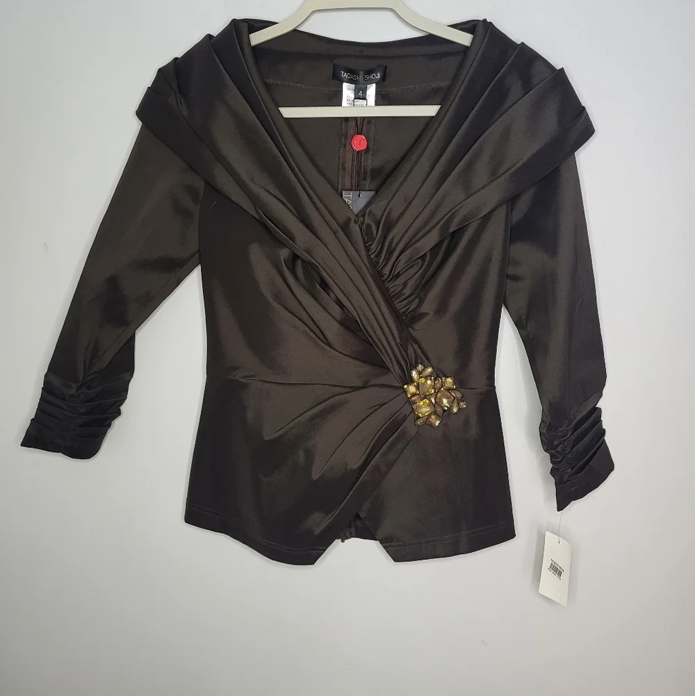 Tadashi Shoji Mother Of The Bride Taffeta Top ONLY Size 4 Espresso Brown Jewel - Picture 1 of 16